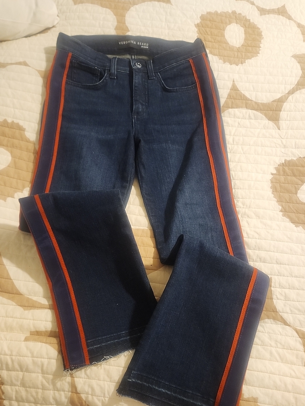Veronica Beard Navy Jeans with Orange Side Stripes